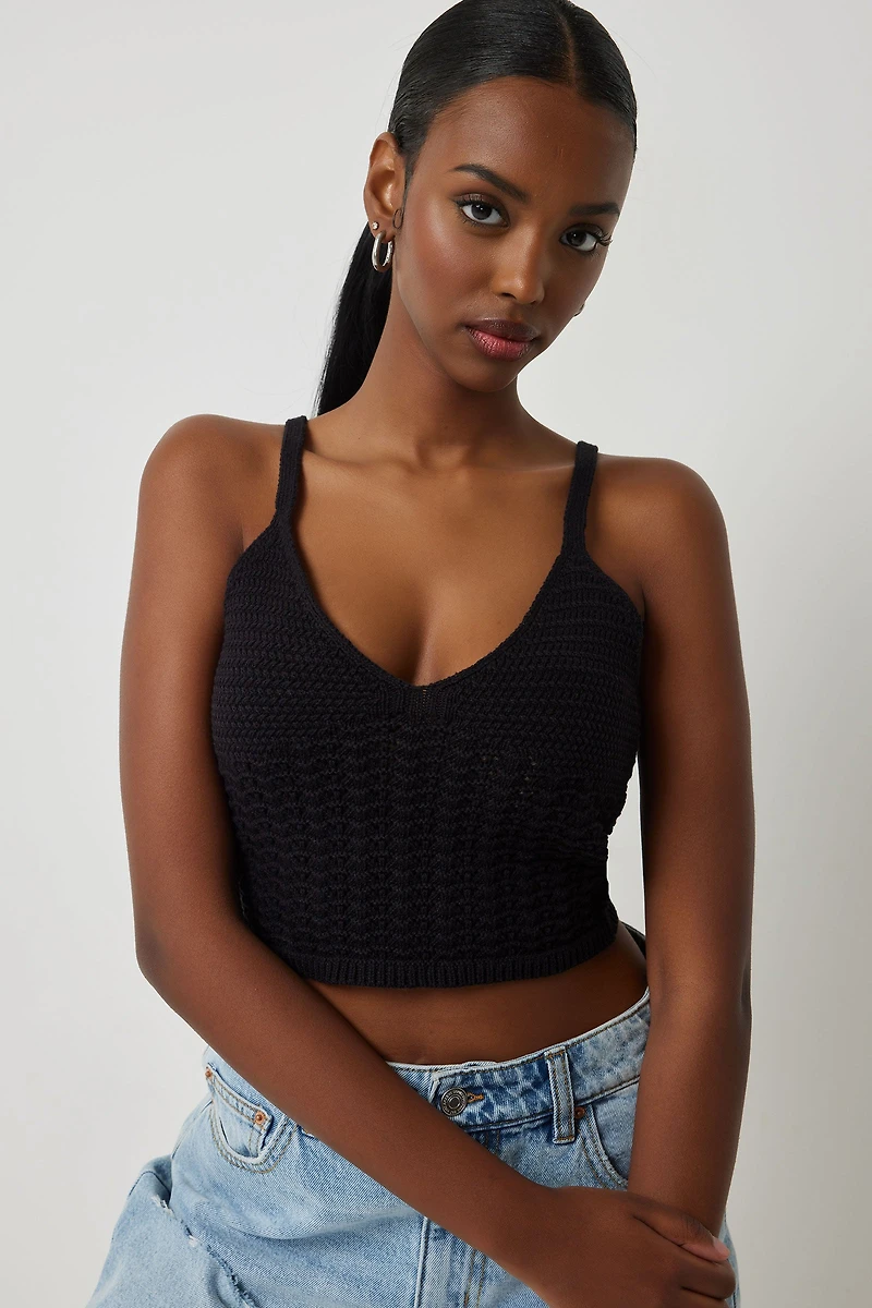 Ardene Crop V-Neck Sweater Tank in Black | Size | 100% Cotton/Elastane