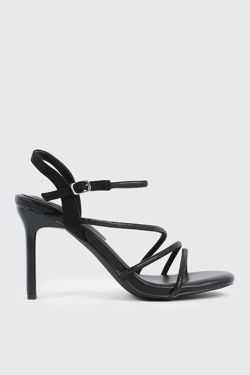Ardene Embellished Strappy Heel Sandals in Black | Size | Faux Suede
