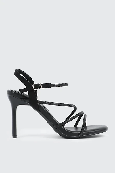 Ardene Embellished Strappy Heel Sandals in Black | Size | Faux Suede