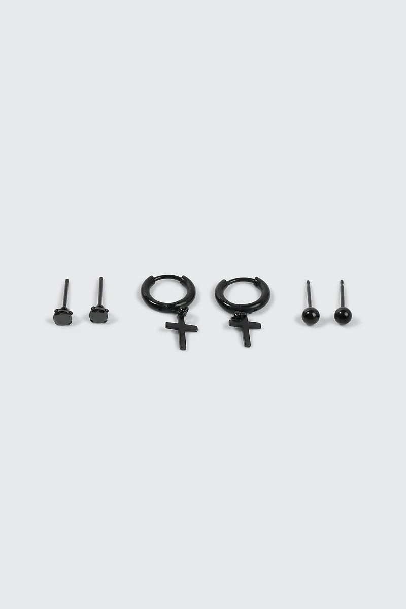 Ardene Man 3-Pack Black Cross Hoop & Stud Earrings For Men | Stainless Steel