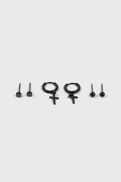 Ardene Man 3-Pack Black Cross Hoop & Stud Earrings For Men | Stainless Steel