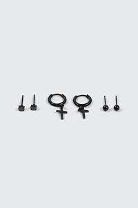 Ardene Man 3-Pack Black Cross Hoop & Stud Earrings For Men | Stainless Steel