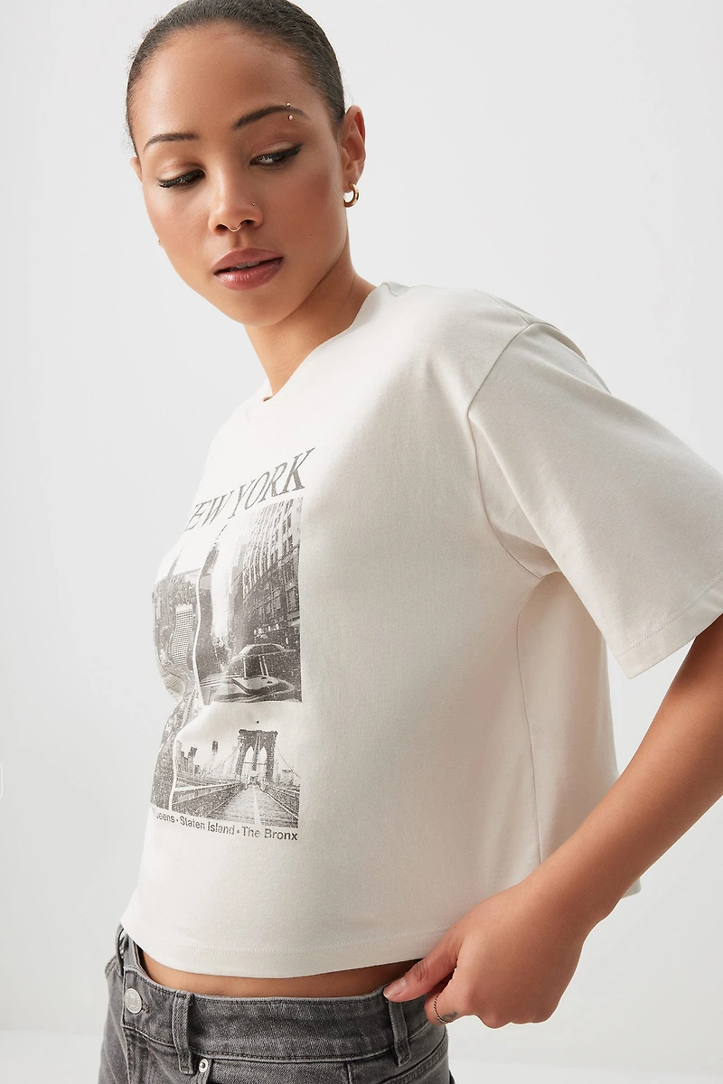 Ardene Boxy Graphic T-Shirt in Beige | Size | 100% Cotton