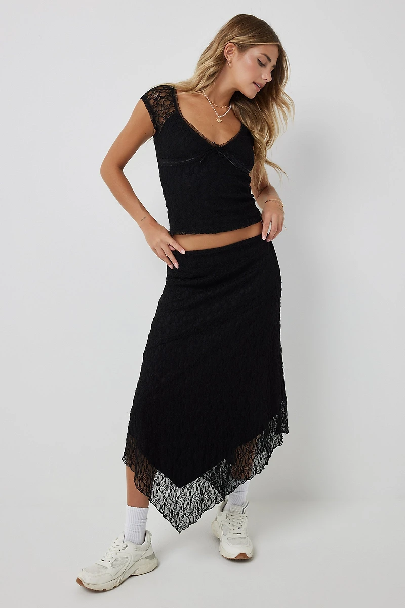 Ardene Asymmetrical Midi Lace Skirt in Black | Size | Polyester/Nylon/Elastane