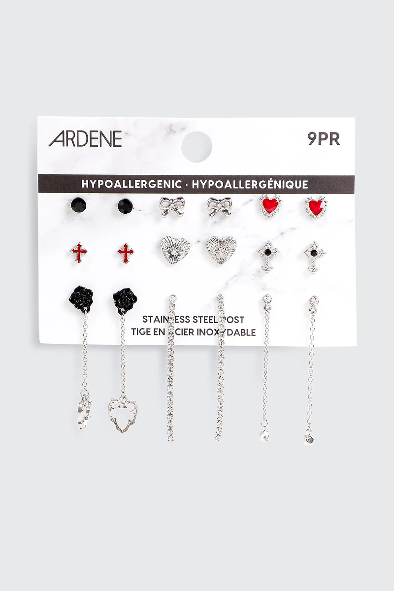 9 paires de boucles d'oreilles rouges et noires
