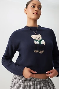Ardene Jacquard Bear Sweater in Dark Blue | Size | Polyester/Elastane