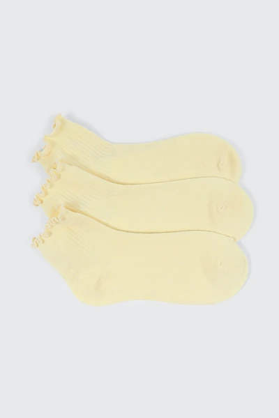 Ardene 3-Pack Lettuce Edge Demi Crew Socks in Light Yellow | Polyester/Spandex