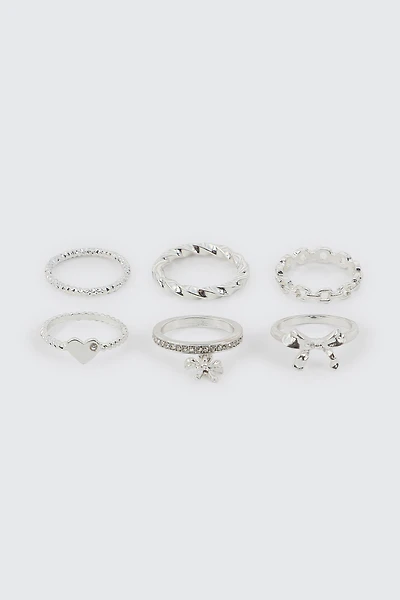 Ardene 6-Pack Bow & Heart Rings in Silver | Size