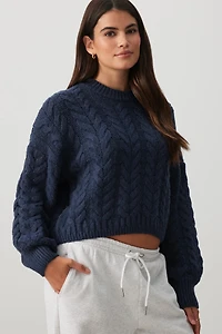 Ardene Short Cable Knit Sweater in Dark Blue | Size | Polyester | Eco-Conscious