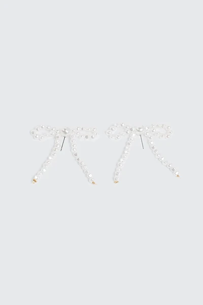 Ardene Pearl Bow Shape Earrings in White | Stainless Steel