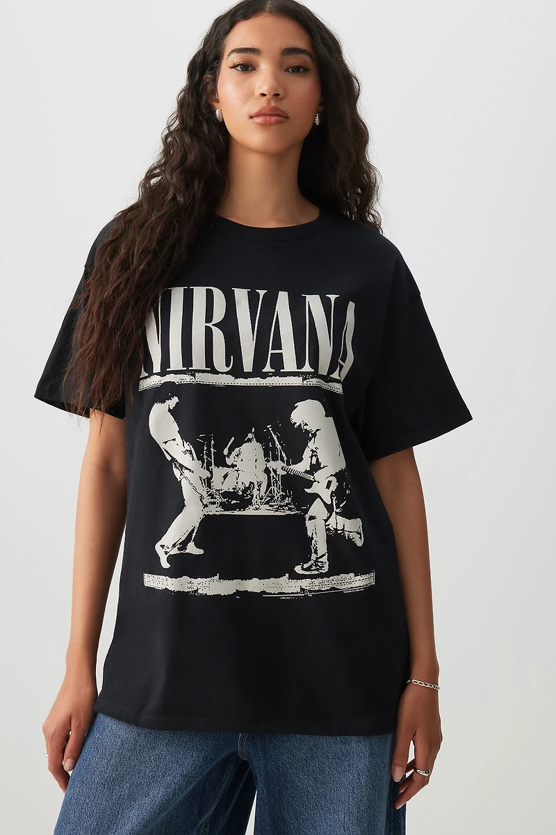 Ardene Oversized Nirvana T-Shirt in Black | Size Small | 100% Cotton