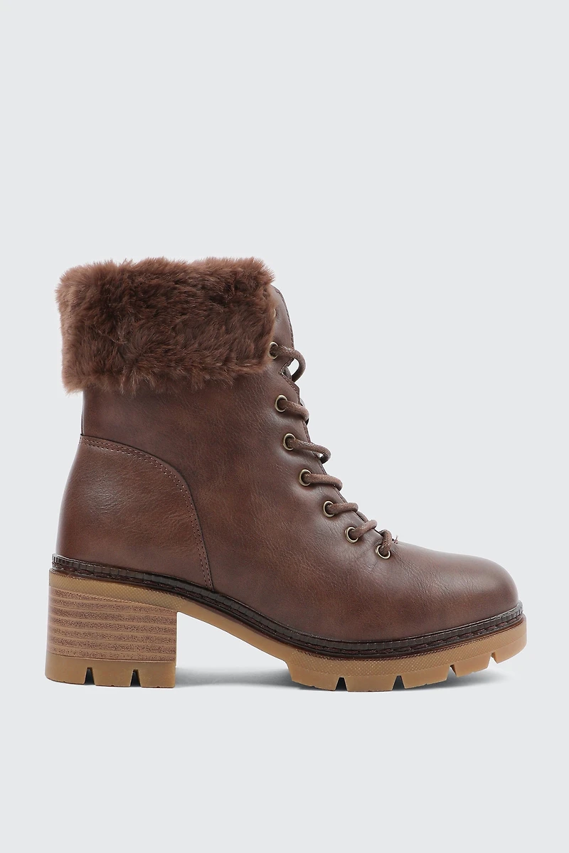 Ardene Warm Lined Boots with Faux Fur Trim in Brown | Size | Faux Leather