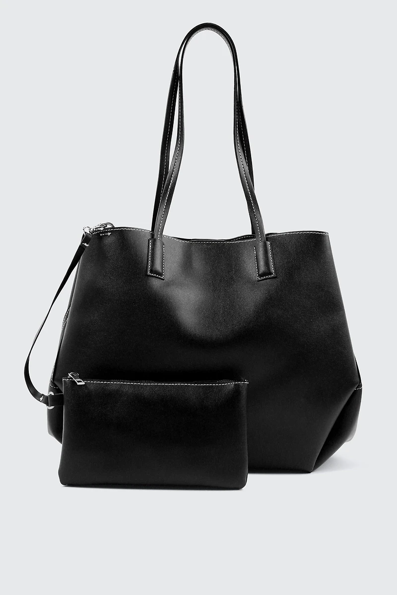 Ardene Large Faux Leather Tote Bag with Pouch in Black