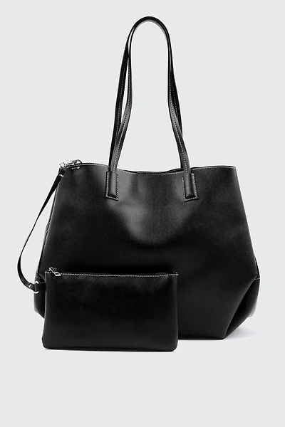 Ardene Large Faux Leather Tote Bag with Pouch in Black