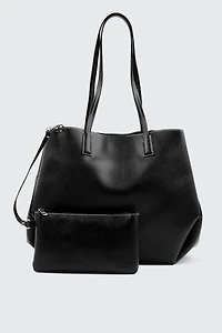 Ardene Large Faux Leather Tote Bag with Pouch in Black
