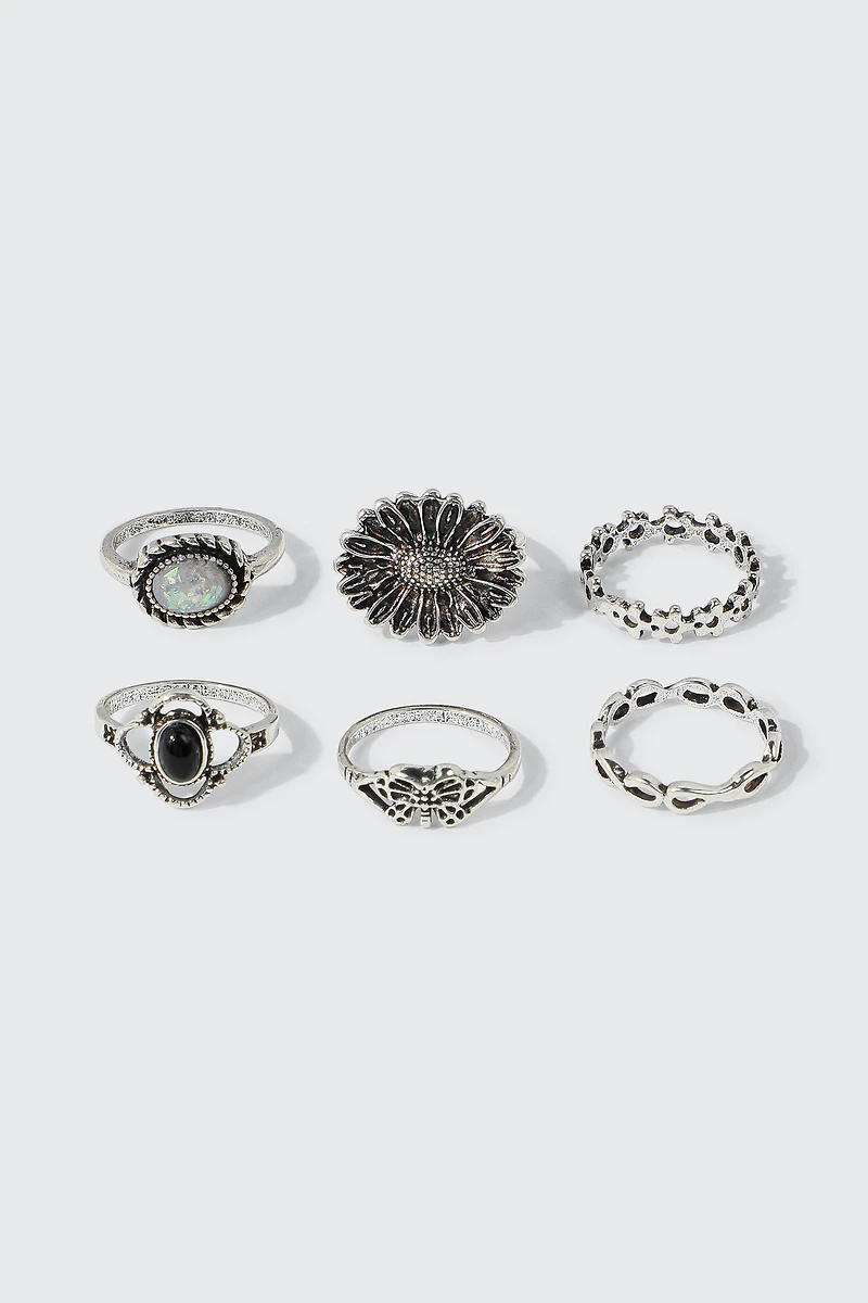 Ardene 6-Pack Antic Silver Assorted Rings | Size Small