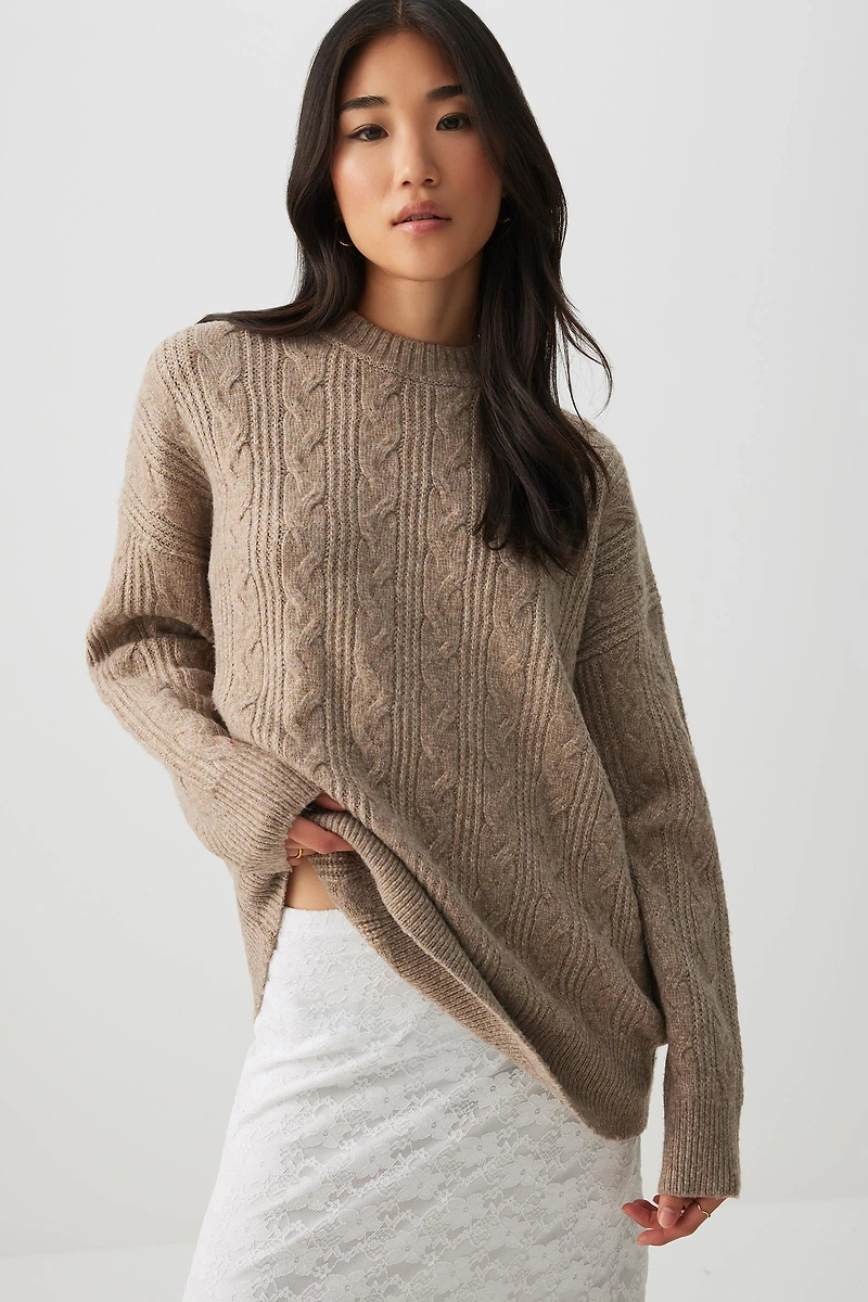Ardene Oversized Cable Knit Sweater in Beige | Size | Polyester | Eco-Conscious