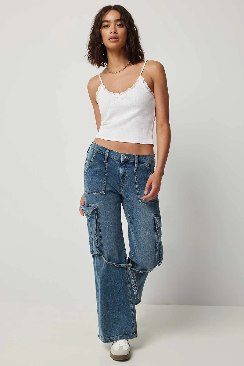 Ardene Low Rise Flare Cargo Jean in Medium Blue | Size | Spandex/Cotton