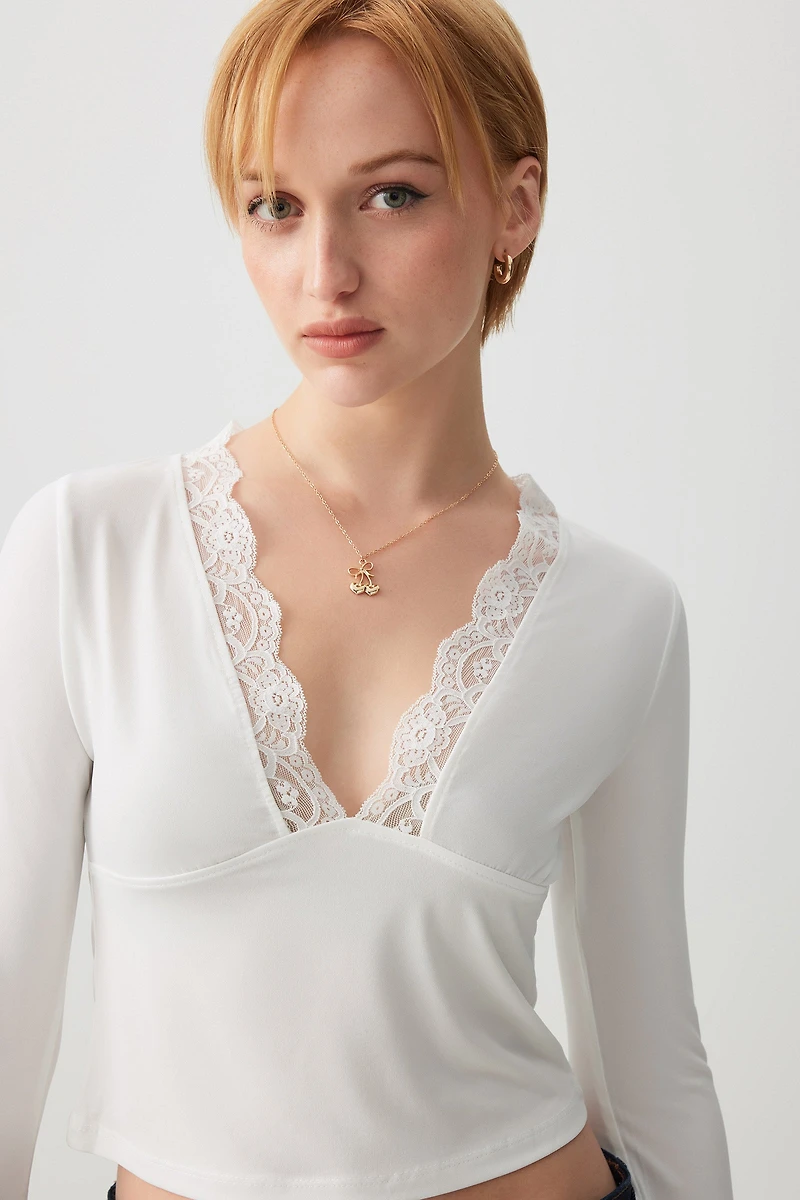 Ardene Lace Trim Bell Sleeve Top in White | Size | Polyester/Elastane