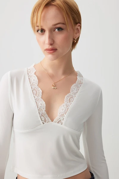 Ardene Lace Trim Bell Sleeve Top in White | Size | Polyester/Elastane