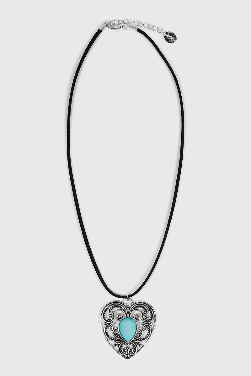 Ardene Cord Necklace with Filigree Heart Pendant in Silver | Faux Suede