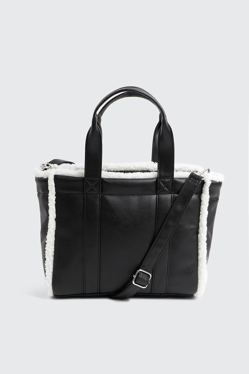 Ardene Sherpa Trim Faux Suede Tote Bag in Black | Polyester/Faux Suede