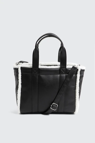 Ardene Sherpa Trim Faux Suede Tote Bag in Black | Polyester/Faux Suede