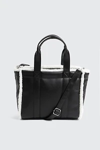 Ardene Sherpa Trim Faux Suede Tote Bag in Black | Polyester/Faux Suede