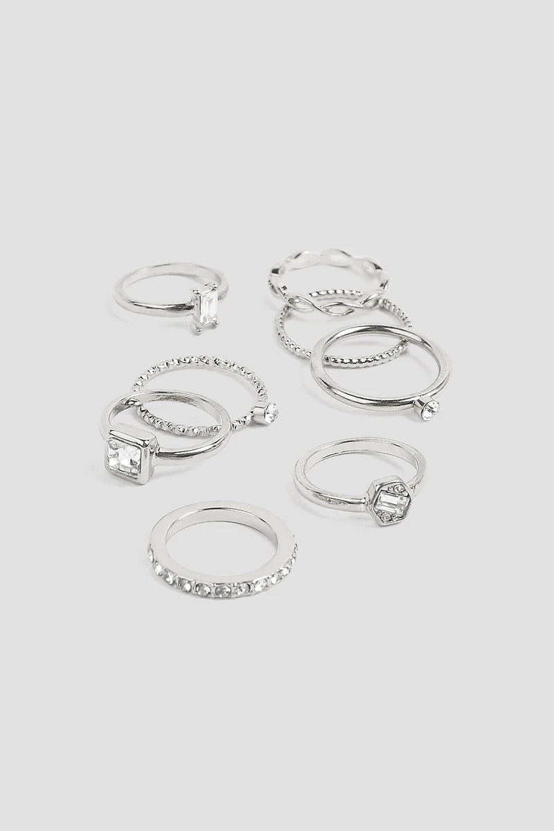 Ardene 8-Pack Thin Rings with Stone Embellishment in Silver | Size Small