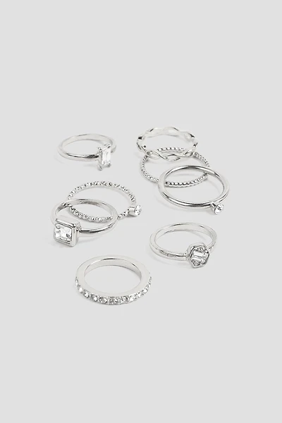 Ardene 8-Pack Thin Rings with Stone Embellishment in Silver | Size Small