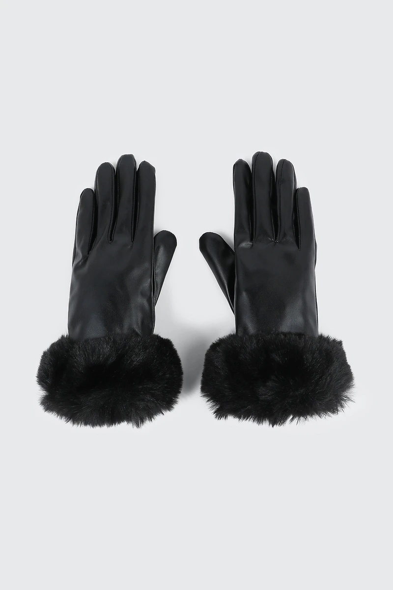 Ardene Faux Leather Gloves with Faux Fur Cuffs in Black | Faux Leather/Polyester