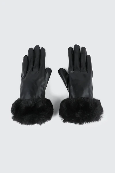 Ardene Faux Leather Gloves with Faux Fur Cuffs in Black | Faux Leather/Polyester