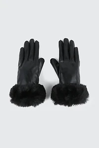 Ardene Faux Leather Gloves with Faux Fur Cuffs in Black | Faux Leather/Polyester