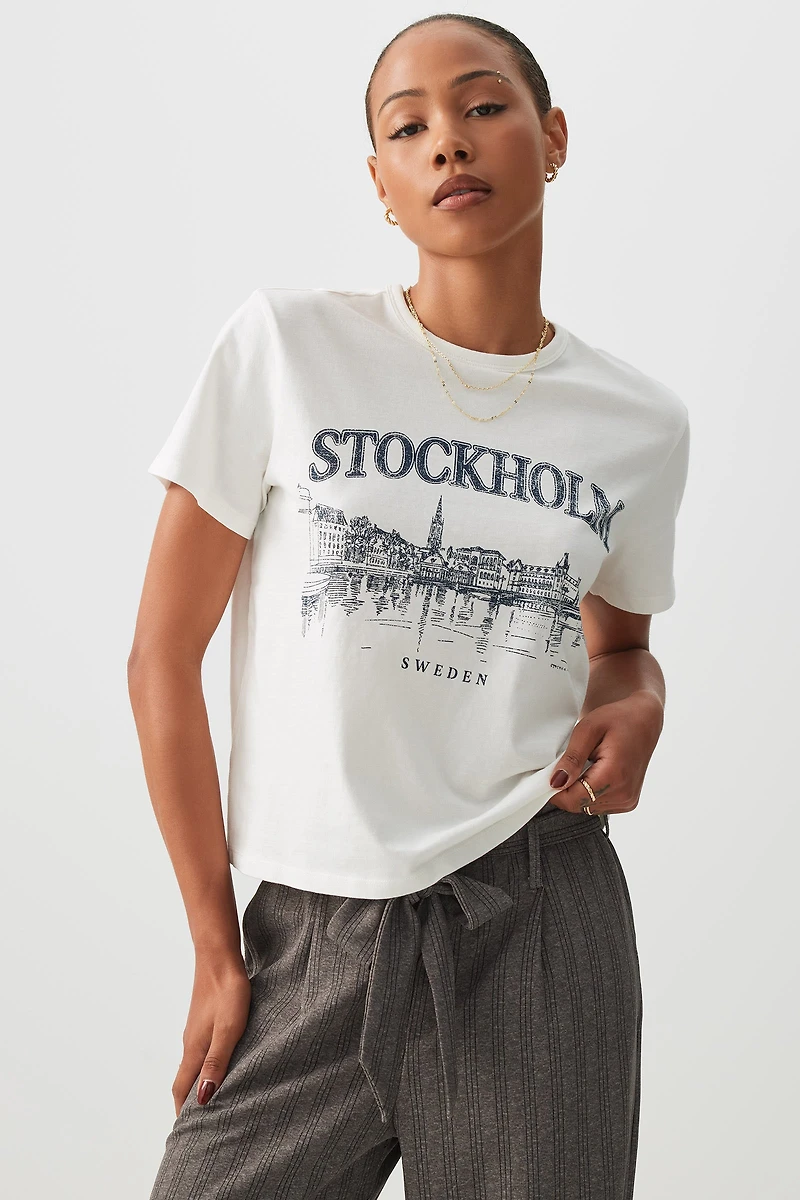 Ardene Short Graphic T-Shirt in Off-White | Size | 100% Cotton