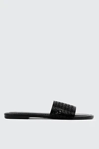 Ardene Flat Sandals with Cutout Design in Black | Size | Faux Leather