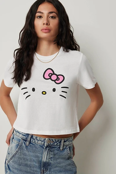 Ardene Hello Kitty Crop T-Shirt in White | Size Medium | 100% Cotton