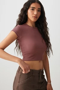 Ardene Basic Ultra Crop Crew Neck T-shirt in Medium Pink | Size | Cotton/Elastane | Eco-Conscious