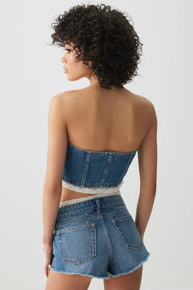 Haut tube en denim bordé de dentelle