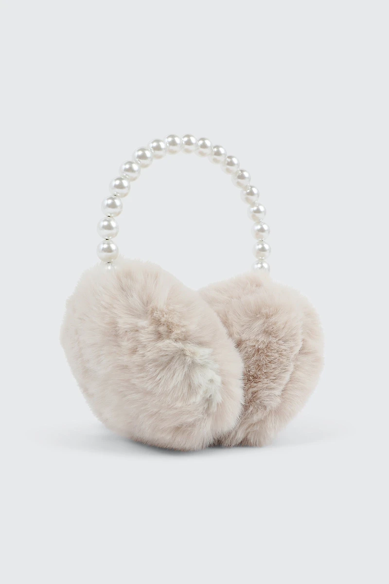 Ardene Faux Fur & Pearl Earmuffs in Off-White | Polyester/Nylon