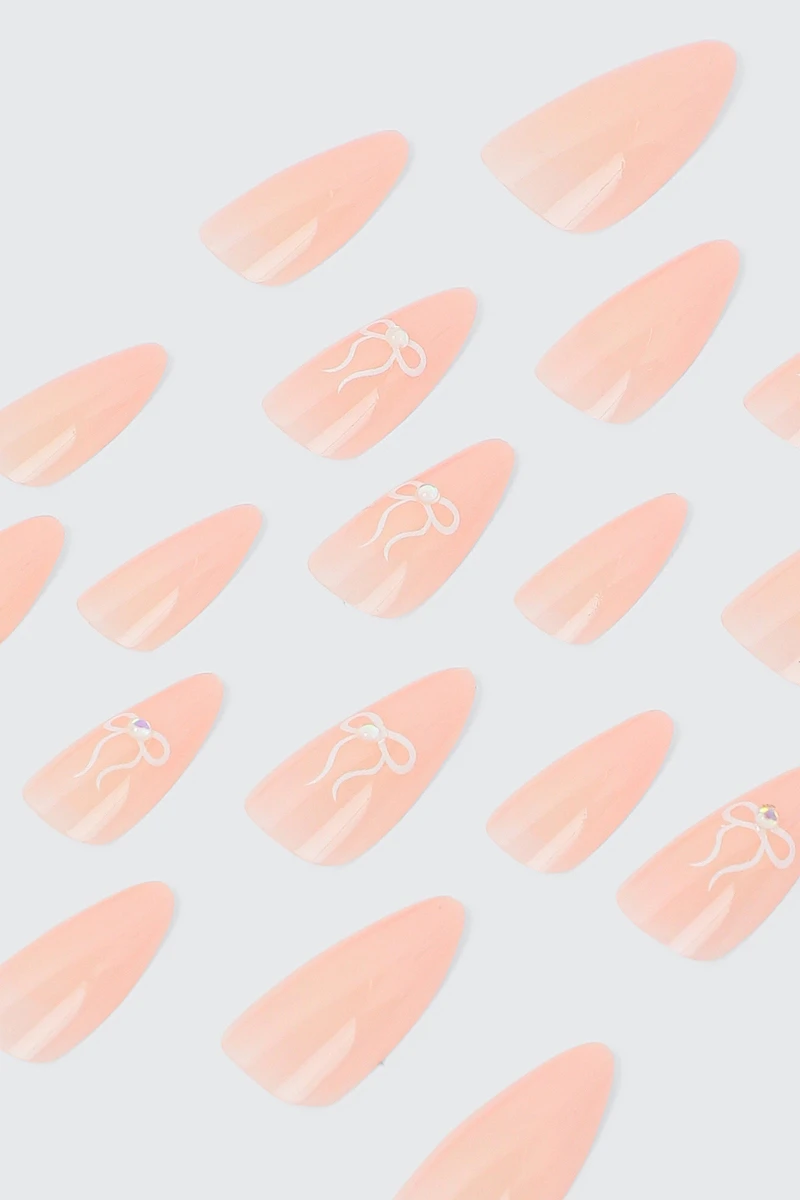Ardene 20-Pack Fake Nails with Bow Details in Beige
