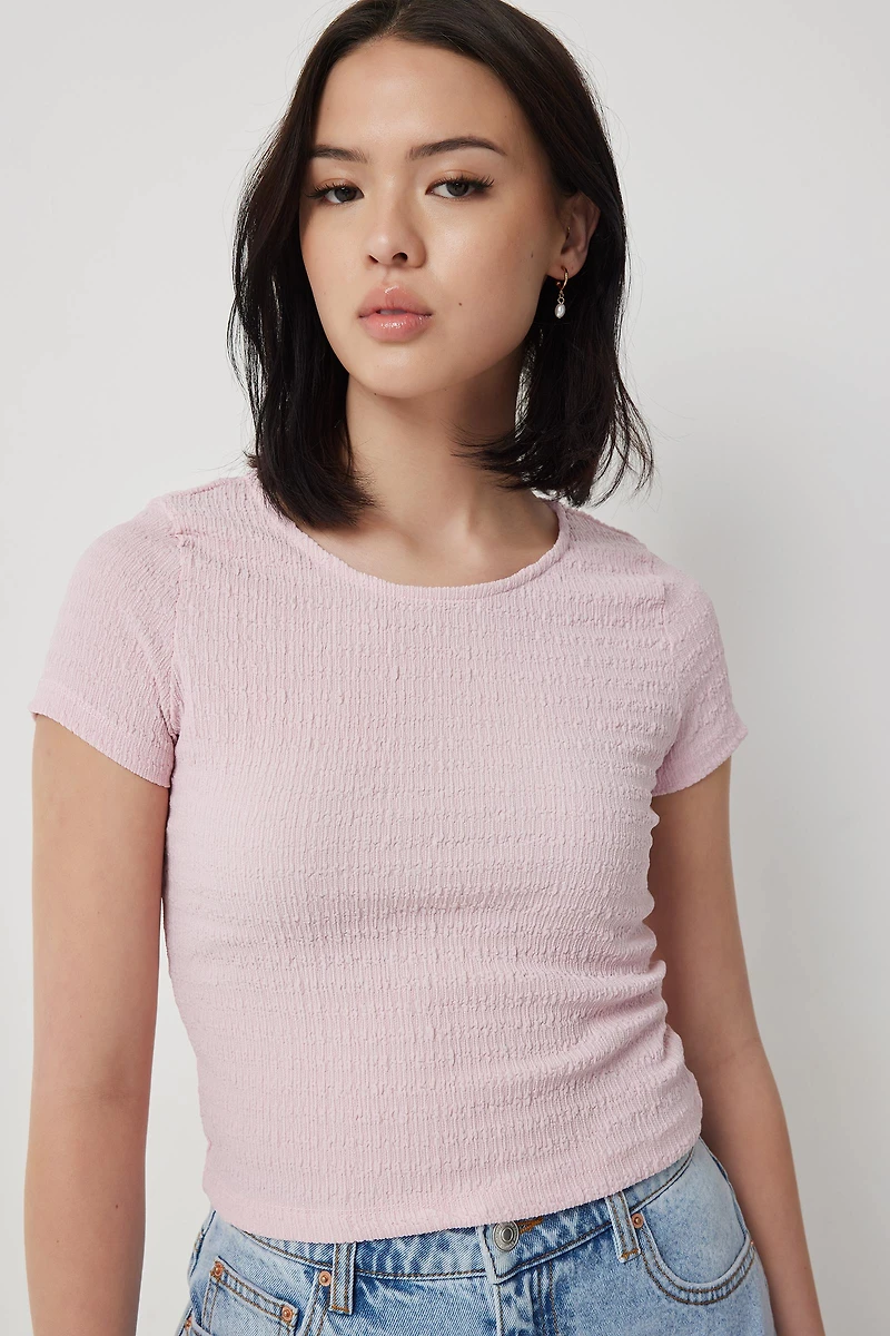 Ardene Puckered Knit T-Shirt in Light Pink | Size