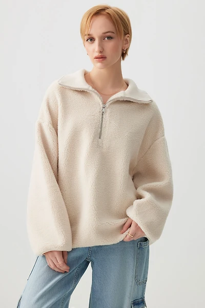 Ardene Oversized Sherpa Half Zip Sweatshirt in Beige | Size | Polyester/Cotton
