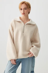 Ardene Oversized Sherpa Half Zip Sweatshirt in Beige | Size | Polyester/Cotton