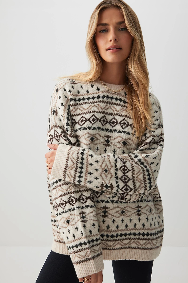 Ardene Printed Super Soft Oversized Sweater in Beige | Size | Polyester/Elastane