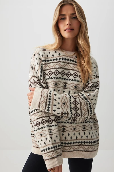Ardene Printed Super Soft Oversized Sweater in Beige | Size | Polyester/Elastane