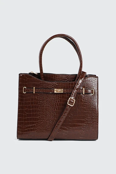 Ardene Croc Embossed Tote Bag in Brown | Faux Leather/Polyester