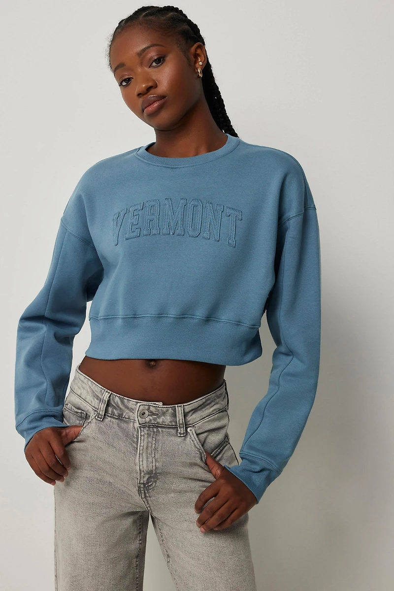 Ardene Crop Destination Sweatshirt in Medium Blue | Size | Polyester/Cotton | Fleece-Lined
