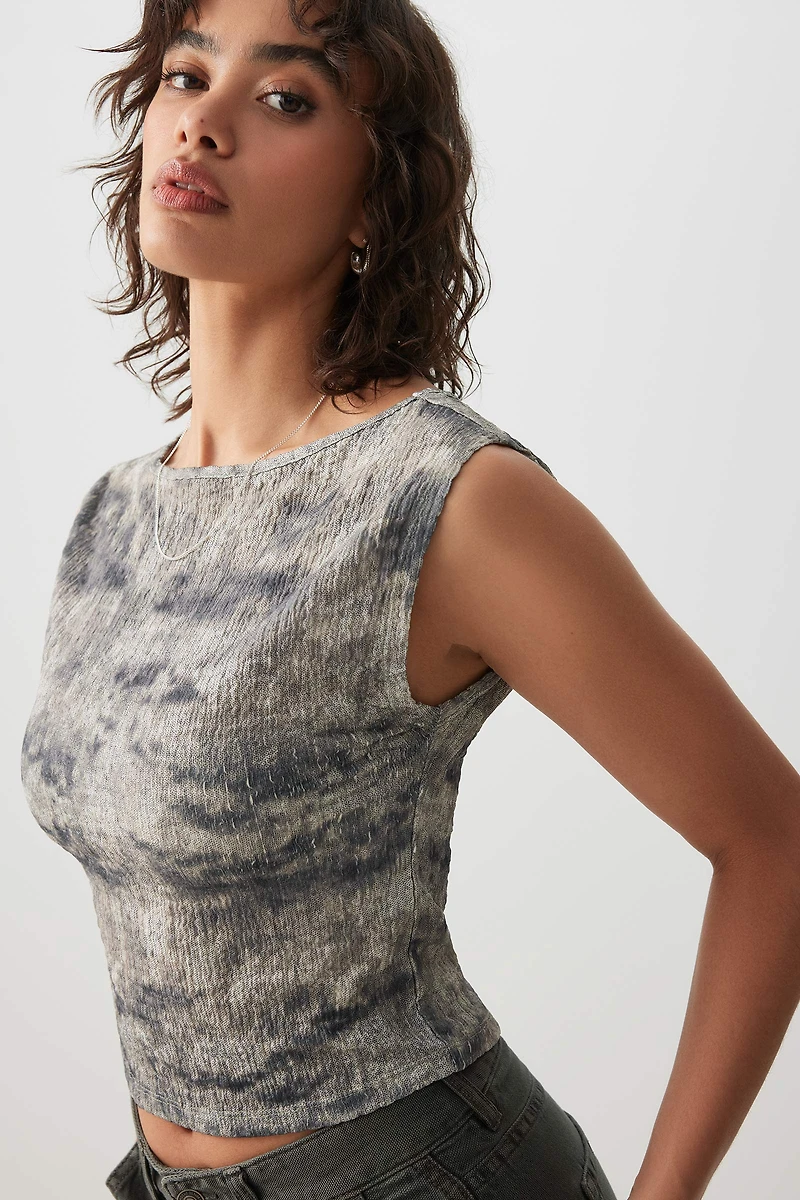Ardene Crop Textured Boat Neck Tank in Grey | Size | Polyester/Spandex