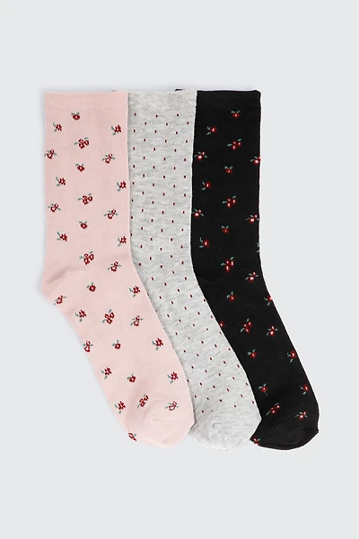 Ardene 3-Pack Floral & Polka Dot Crew Socks | Polyester/Spandex