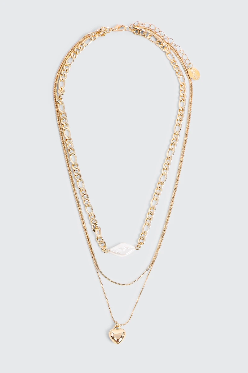 Ardene Three-Row Pearl & Heart Necklace in Gold